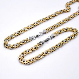 Necklace Earrings Set AMUMIU 40-90cm Jewelry Two Tone Gold Color Trendy 6MM Byzantine Link Chain And Bracelet HTZ091