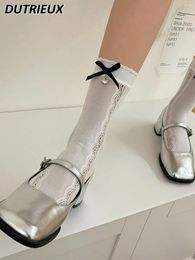 Women Socks 2-pairs Spring Rhinestone Bow Lace Lolita Girl Mid-Calf Length Loose Sweet Cute All-matching Stocking For