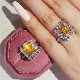 2022 Ins Top Sell Wedding Rings Luxury Jewellery 925 Sterling Silver Princess Cut Yellow Topaz CZ Diamond Gemstones Eternity Women E3840432