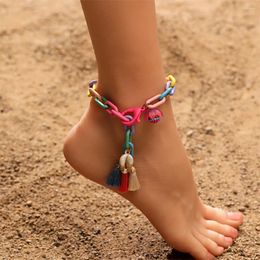 Anklets Handmade Bohemian Tassel Shell Chains Anklet Vintage Acrylic Beaded Elastic Double Layer Beach