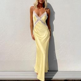 Casual Dresses 2024 Spring Deep V-neck Lace Satin Party Dress Women Elegant Solid High Waist Long Summer Sleeveless Hollow Sling