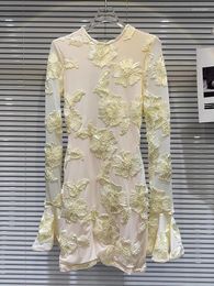 Casual Dresses HIGH STREET Est 2024 Designer Fashion Star Style Women's Embroidered Flower Back Hollowed Out Trumpet Sleeve Dress