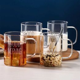 Tumblers Good Morning Glass Mug Coffee Milk Breakfast Cup Tumbler with Handle Transparent Drinkware Household Gift for Children Set H240506