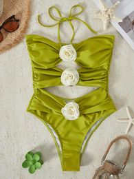 Women's Swimwear BIKINX Official Green Flower Bathing Suit Women One Piece Korean Style Beachwear For 2024