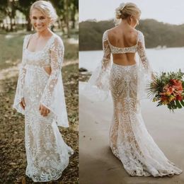 Pizzo boho wedding spiaggia sirenette sirene abito da sposa maniche lunghe collo quadrato posteriore groviglio country maestido de nolia