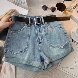 Women's Jeans Korean Retro Cuffs Denim Shorts For Women Girls High Waist Belt Washed Ladies All-Match Drop
