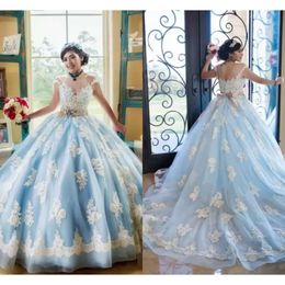 Quinceanera Tulle Blue Scoop 레이스 드레스 Sky Applique Beding Sheer Made Made Princess Sweet 16 Prom Prom Pageant Ball Gown restidos