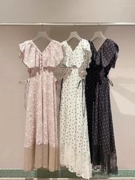 Party Dresses Kuzuwata Lace Patched Japan Style Feminino Robe Ruffle Dot Print Open Waist Dress Slim Fit Elegant Temperament V-neck Vestidos