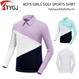 Men's T-Shirts TTYGJ Children Patchwork Soft Shirt Boys Girls Long-slve Sports T-shirt Kids Turn-down Collar Tops Elastic Wear S-XL Y240506