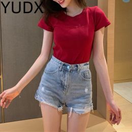 T-Shirt Women Short Sleeve Top Pure Ladies Tshirt Brand Letter Summer Embroidered Clothing Slim Cotton Pure Color Fashion Round Neck