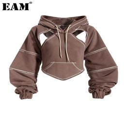 Women's Hoodies Sweatshirts EAM Brown Back Bow Irregular Cut-out Sweatshirt Hooded Long Sleeve Women Big Size Fashion Spring Autum 2101