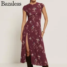 Party Dresses 2024 Red Floral Print Midi Back Hollow Out Ruched O Neck Dress Short Cap Sleeve