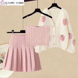 Work Dresses Autumn And Winter Fashion Set For Women's Korean Knitted Cardigan Sweater Small Hanging Strap Pleated Skirt Three Piece