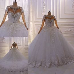 Vestidos de bola de noiva de casamento lindos vestidos de renda de renda de renda com mangas longas de miçangas de tamanho de vestidos de novia feita