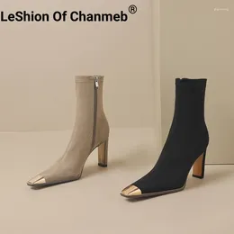 Boots LeShion Of Chanmeb Women Faux Suede Stretch Metal Cap Square Toe Super High Heeled Autumn Woman Nude Zipper Shoes 42