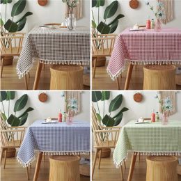 Pads Nordic Plaid Small Fresh Tablecloth with Lace Hem Cotton Linen Map for Desk Soft Cover Pendant Tea Table Pad Meal Cloth