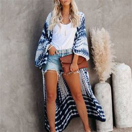 Women Beach Wear 2021 Summer Sexy Bikini Cover-Ups Boho Tie Dye Printed Long Kimono Cardigan Tunic Women Beach Wear Swim Suit Cover Up Y240504