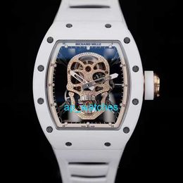 RM Luxury Watches Automatic Watch Mills Rm52-01 Skull Head White Ceramic Manual Mechanical Full Hollow Movement Men's Watch apKX