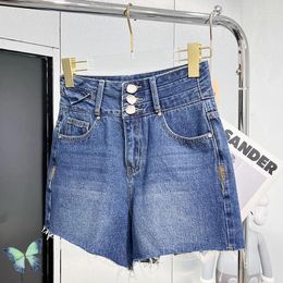 Women's Jeans Three Button Washed Denim Blue Short Pants Oioi Women High Waist Shorts