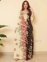 Casual Dresses Chic Ethnic Floral Maxi Dress For Women Tape Fix Diamond Trim V Neck Long Sleeve Loose Arab Oman Dubai Muslim Abaya