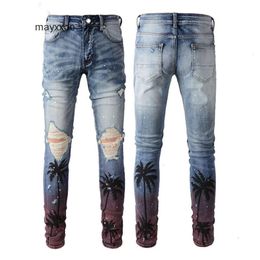Purple Quality Heavy Washed Leather Demin 2024 Jeans Cnos Jean Mens Fashion Craft Amiirii Perforated Mens High TDA1