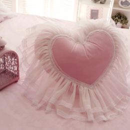 Cushion Lace Love HeartShaped Cushion, Coral Velvet Sofa Bed Room Decor with Filling, Korean Garden, Princess Girl Gift, FG164