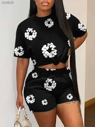 Women's Shorts LW round necked floral printed shorts set 2024 new printed short sleeved two-piece pants set womens Japanese matching set WX