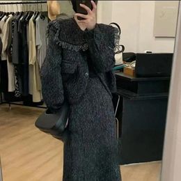 Work Dresses Woman's Autumn/winter Fragrance Doll Collar Tweed Suit Skirt Retro Solid Color Tassel Coat Overskirt Two-piece Set