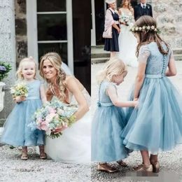 Blue Tulle klänningar Girls 'söta dammiga blomma spetsar applikationer korta ärmar te längd skräddarsydd liten flicka prinsessa födelsedagsfest klänningar