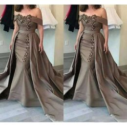 The Off Beaded Appliqued Evening Dresses Elegant Shoulder With Detachable Train Formal Occaison Wear Prom Party Gown Custom Made