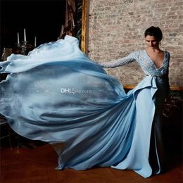 Sky Light Blue Pearls Zuhair Murad Dress Design Lace Appliques Chiffon Overskirts Evening Dresses Long Sleeves Prom Party Gowns es