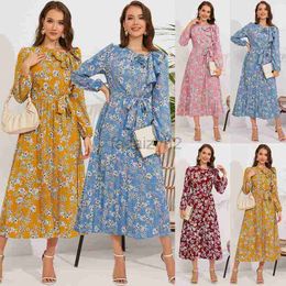 Basic Casual Dresses Autumn New Women's Mid length Pleated Long Sleeve Fragmented Flower Dress Bow Tie Dress Plus Size Dress