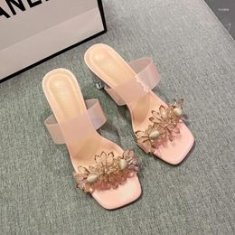 Slippers 2024 Summer Transparent Women Fashion Open Toe Crystal Wedges High Heels Female Slides Flower Sandals For Womens