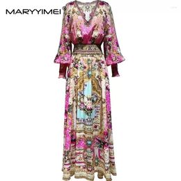 Casual Dresses MARYYIMEI Fashion Women's Silkworm Silk Long Dress Fairy Style Rose Red Mirror Print Sleeve V-Neck Big Swing