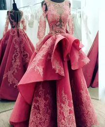 Gorgeous Sheer Neck Prom Dresses Lace Appliques Illusion Long Sleeves Evening Gowns Saudi Arabia Ruched Satin Women Formal Party D6930285