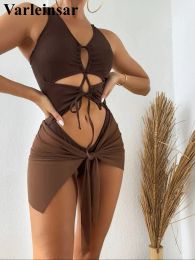 Suits 2024 New Sexy With Sarong Lace Up Cut Out Ribbed Women Swimwear One Piece Swimsuit Female Padded Bather Bathing Suit Swim V4265