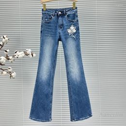 Women's Jeans Beaded Embroidery Flower Skinny Blue For Women Spring And Summer 2024 High Waist Slim-Fit Bell-Bottom Pants Street