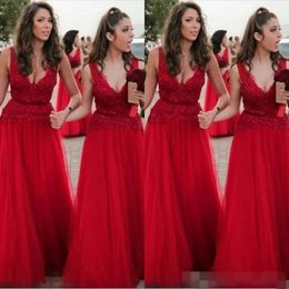 2020 Red Bridesmaid Dresses Deep V Neck Lace Applique Tulle Beaded Floor Length Ribbon Custom Made Maid Of Honor Gown Plus Size