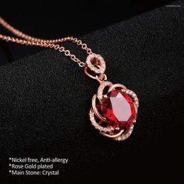 Pendant Necklaces Brand Flower Red Oval Cubic Zirconia Rose Gold Colour Wedding Crystal Chain Fashion Jewellery For Women N615