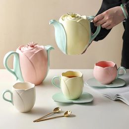 Mugs Ceramic Tulip Cups Flower-Shaped Coffee With Saucers Mug Office Afternoon Tea Tableware For Tea/Coffee/M