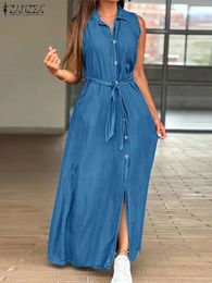 PLUS SIZE Women Denim Long Dresses ZANZEA Casual SleevelessTurn Down Collar Tie Waist Maxi Fashion Buttons Up Vestidos 240425