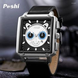 Wristwatches POSHI Men's Watches Calendar Luxury Leather Strap Men Quartz Watch Waterproof Luminous Sport Square Montre Homme