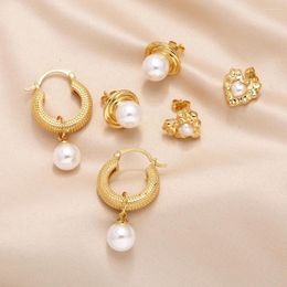 Dangle Earrings FLOLA Pearl For Women Copper Hoop Gold Plated Small Stud Female Fashion Jewelry Gift Girls Ersz07