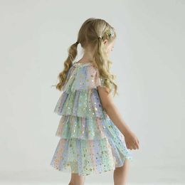 Girl's Dresses 3-8Y Baby Girl Rainbow Shining Star Princess Layered Dress Ceremony Girl Tulle Gown Sequin Kids Dresses for Girls Birthday Wear 4J2G