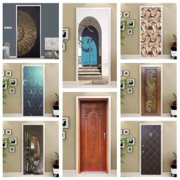 Stickers 3D Creative Door Sticker Abstract Geometric Imitation Wooden Door Wallpaper Peel & Stick Custom Service Photo Wall Sticker Decal