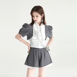 Women's Blouses Zhongchuang Rizhen 2024 Summer Personalized Pointed Collar Lapel Lantern Sleeve Shirt Top High Waist A-Line Shorts Set For