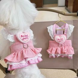 Dog Apparel Cute Pet Love Lace Clothes Denim Traction Skirt Puppy Dresses Thin Princess Chest and Back Breathable H240506