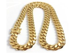 Stainless Steel Jewellery 18K Gold Plated High Polished Miami Cuban Link Necklace Men Punk 14mm Curb Chain DragonBeard Clasp 24quo6298437