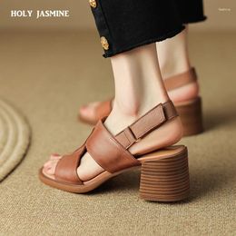 Sandals Genuine Leather Women Open Toe Chunky Heel Shoes Sheepskin High Heels For Designer