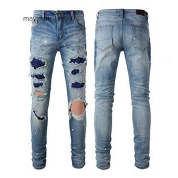 Purple Jean Amiiris Designer Jeans Mens Fashion Chaopai Heavy Craft Washed Perforated Mens High Quality Leather Pencil JPGG
